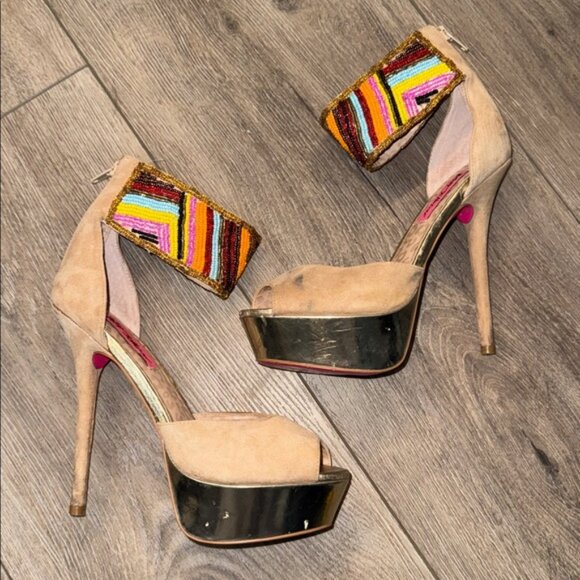 Betsey Johnson Ireen Nude Multi Beaded Ankle Cuff Platform Heels - Picture 2 of 10